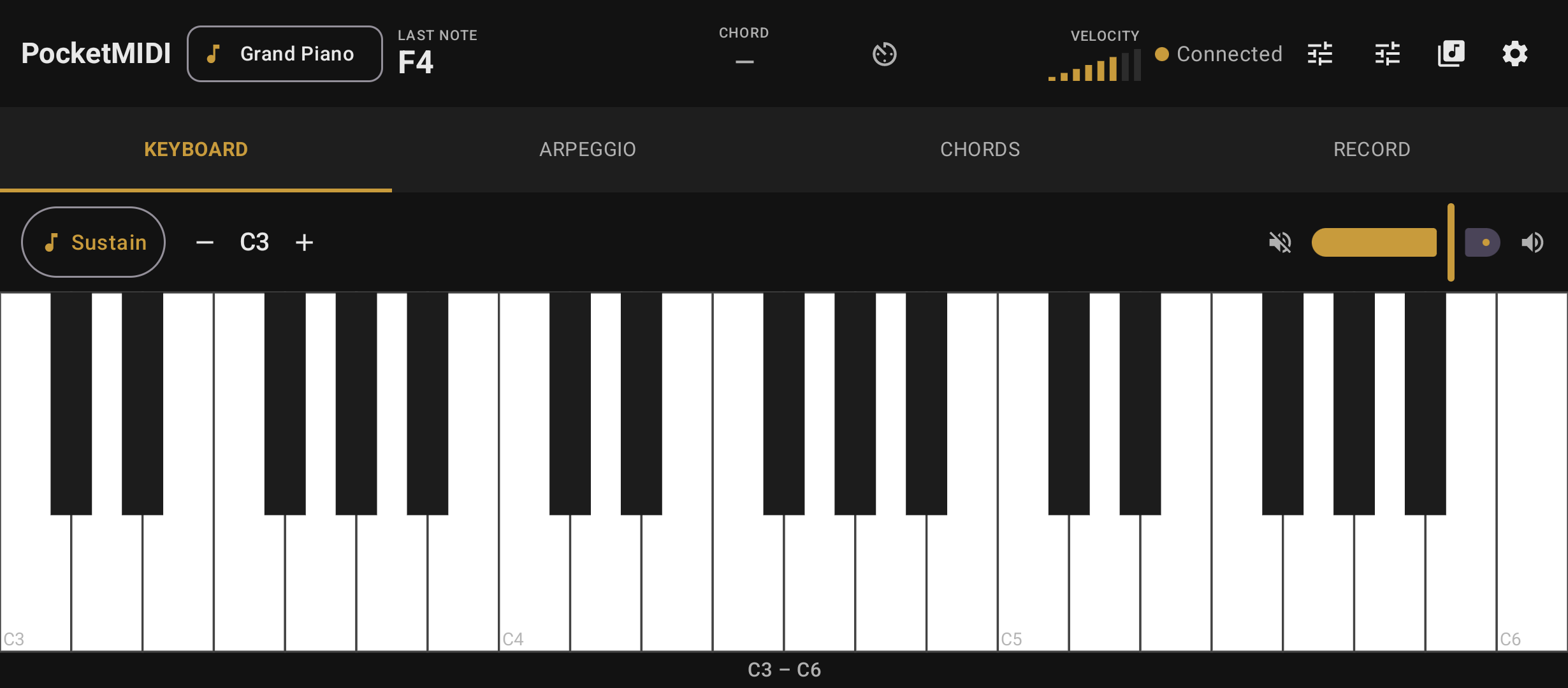 PocketMIDI main screen showing the piano keyboard and instrument selector