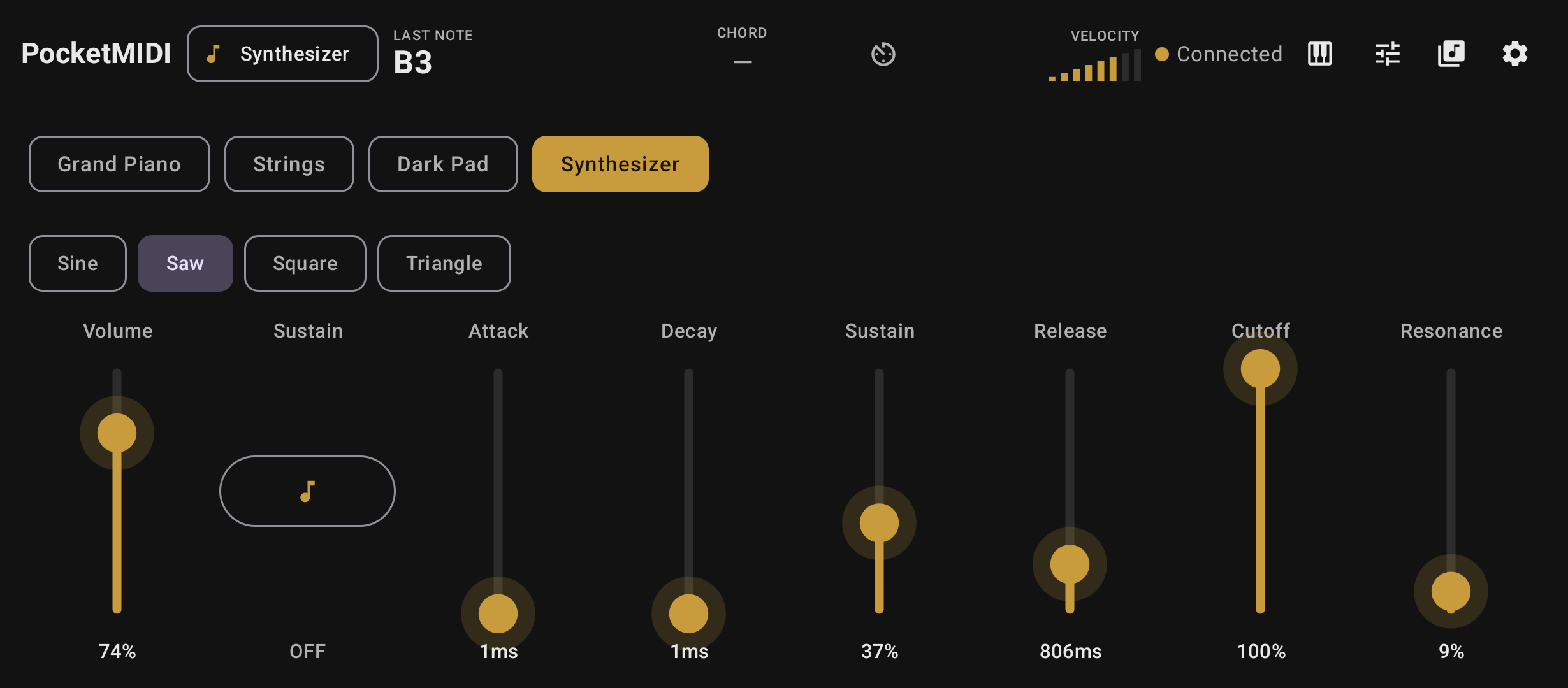 PocketMIDI performance controls with Connected indicator