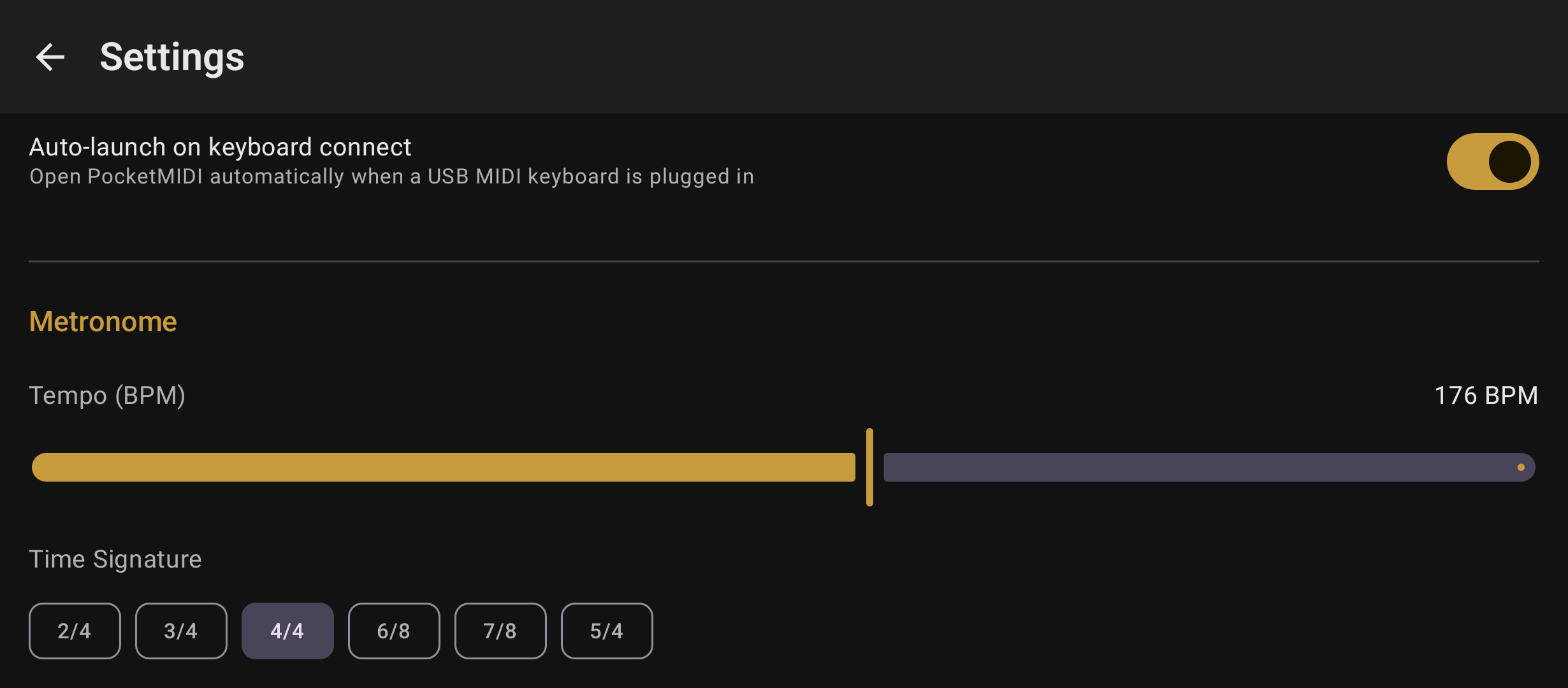 Built-in metronome with BPM and time signature controls