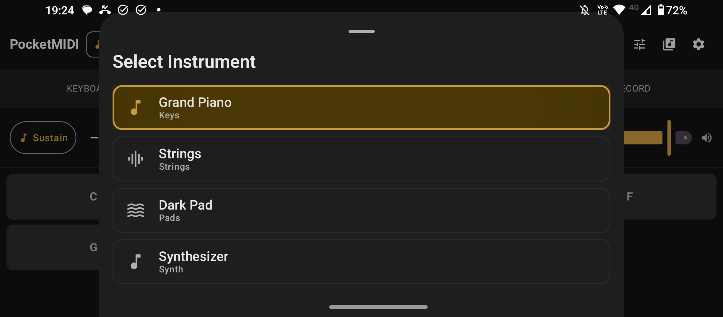 Instrument selector showing piano, strings, pad, and synthesizer