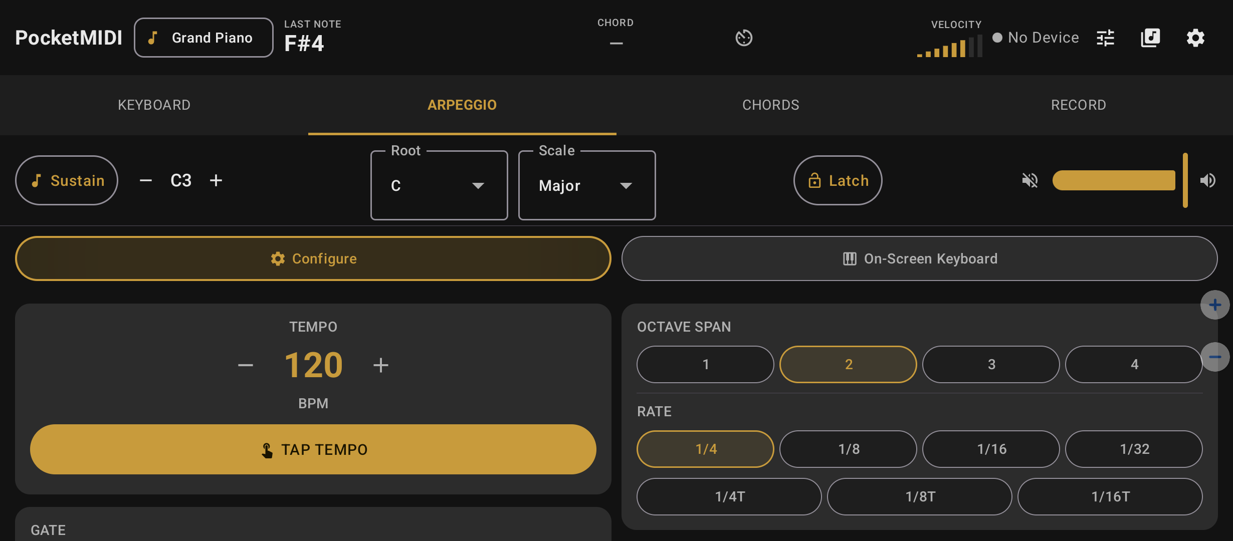 Arpeggiator tab with tempo, octave span and rate controls