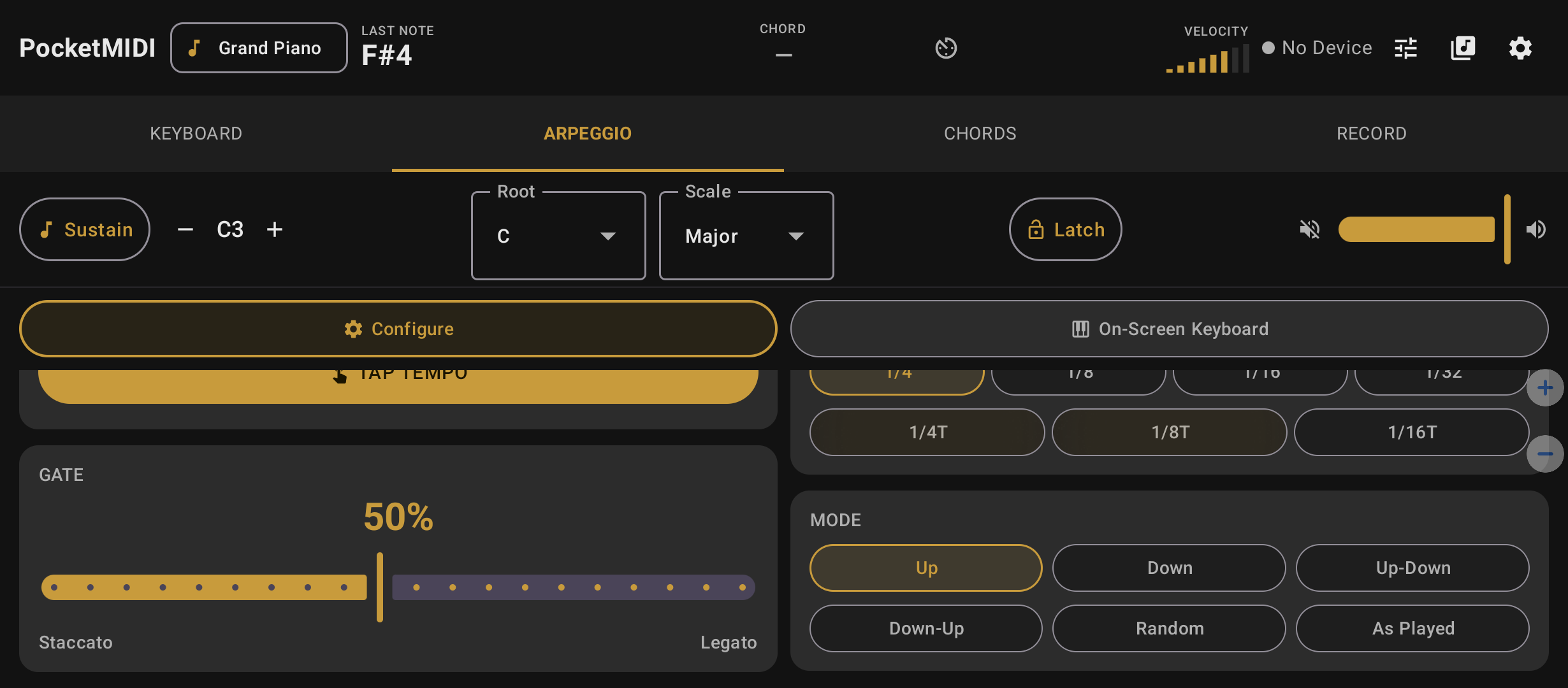 Arpeggiator mode selector showing Up, Down, Up-Down, Random and As Played patterns