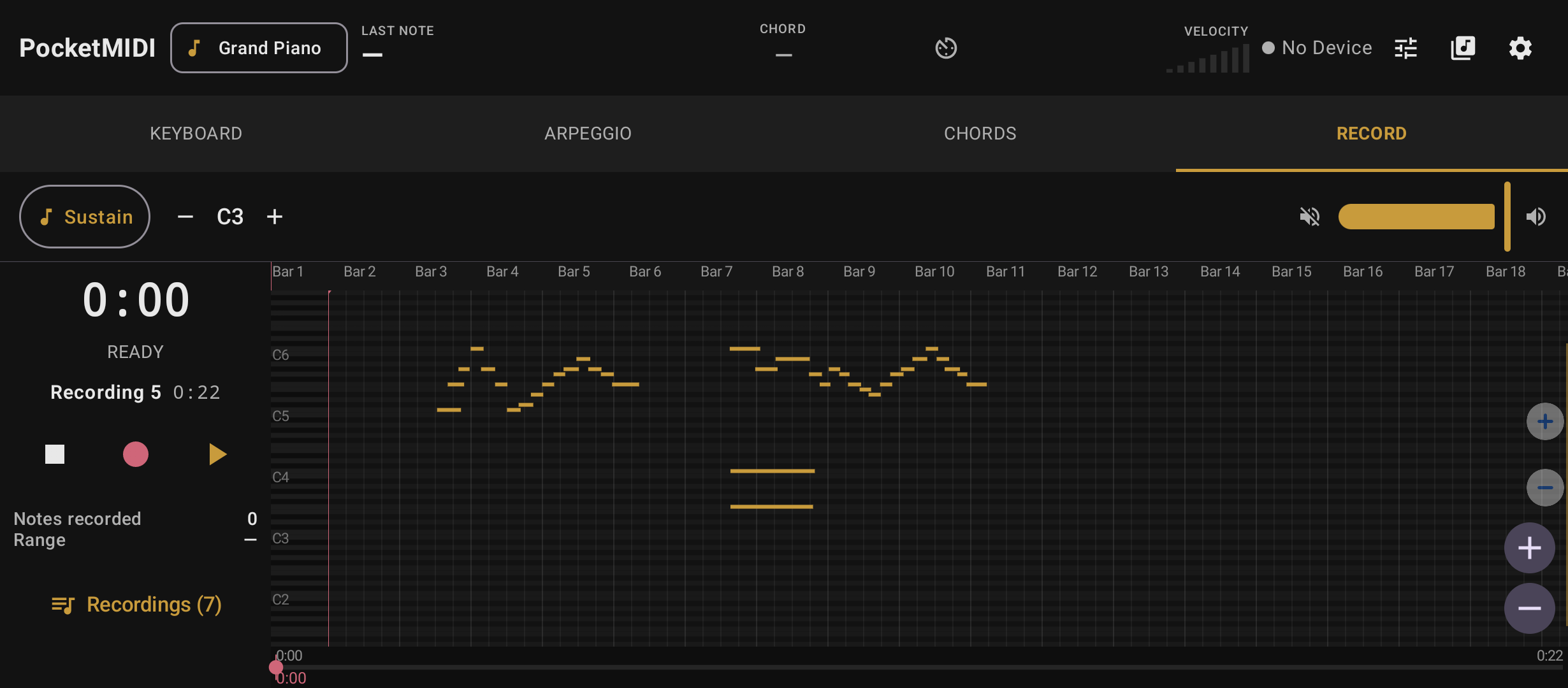 MIDI recorder showing piano roll with recorded notes across multiple bars